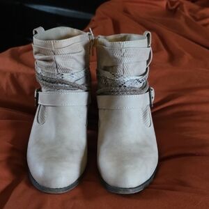 pop Cream Ankle Booties with Braided Snake-Print Straps